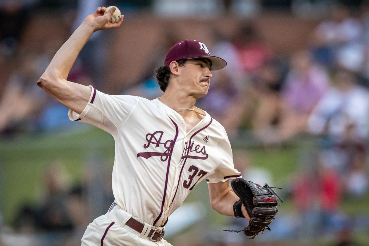 Freshman RHP Ty Sexton (37) pitches from the mound during Texas A&amp;M's game against Sam Houston State at Olsen Field on Tuesday, April 25, 2023.