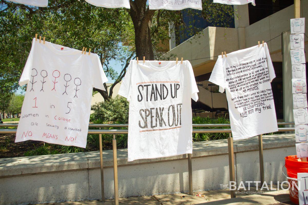 Shirts denouncing sexual assault hang in Rudder Plaza on April 27, 2022.