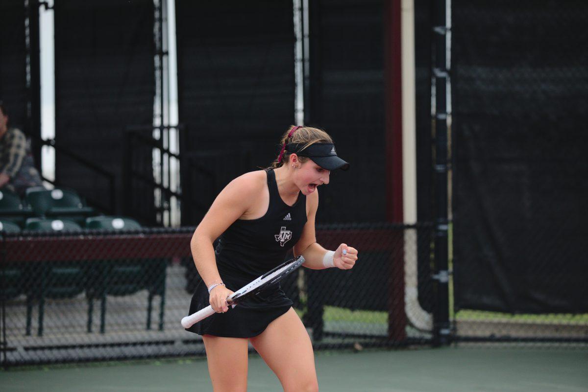 Sophomore Mary Stoiana celebrates another win against Georgia at the&#160;Mitchell Outdoor Tennis Center on April 2, 2023.