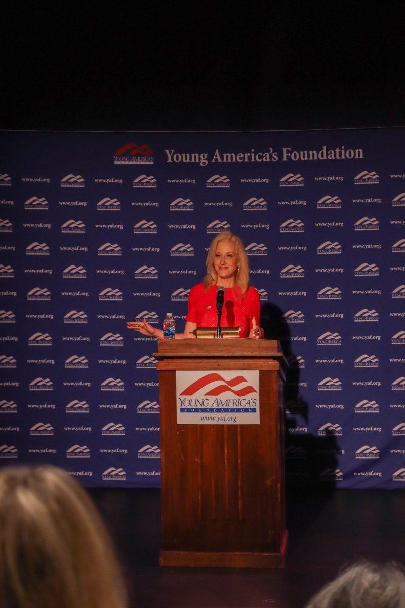 American political consultant and pollster, and former counselor to former President Donald Trump, Kellyanne Conway giving her speech during Texas A&M Young Americans for Freedom host Kellyanne Conway event at Rudder Forum on Tuesday, April 18, 2023.