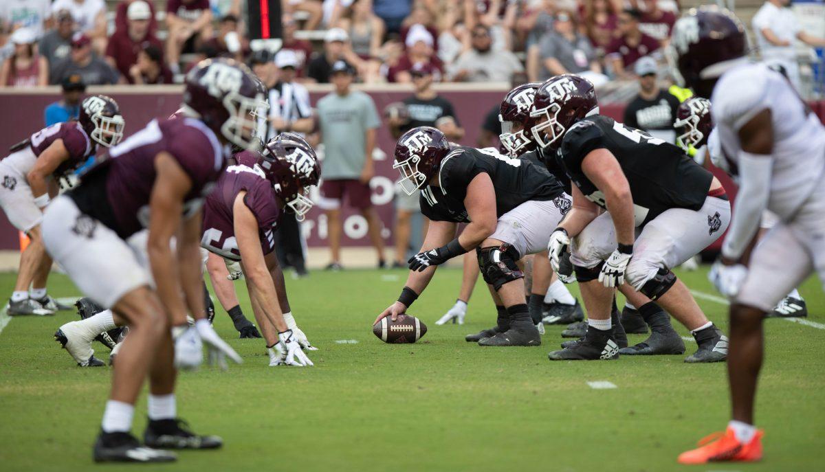 The line of scrimmage during the Maroon &amp; White Spring Game at Kyle Field on Saturday, April 15, 2023.