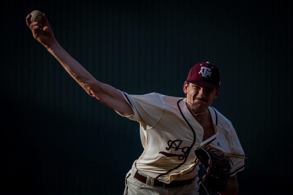 Freshman RHP Ty Sexton (37) pitches from the mound during Texas A&Ms game against Prairie View A&M at Olsen Field on Wednesday, April 19, 2023.