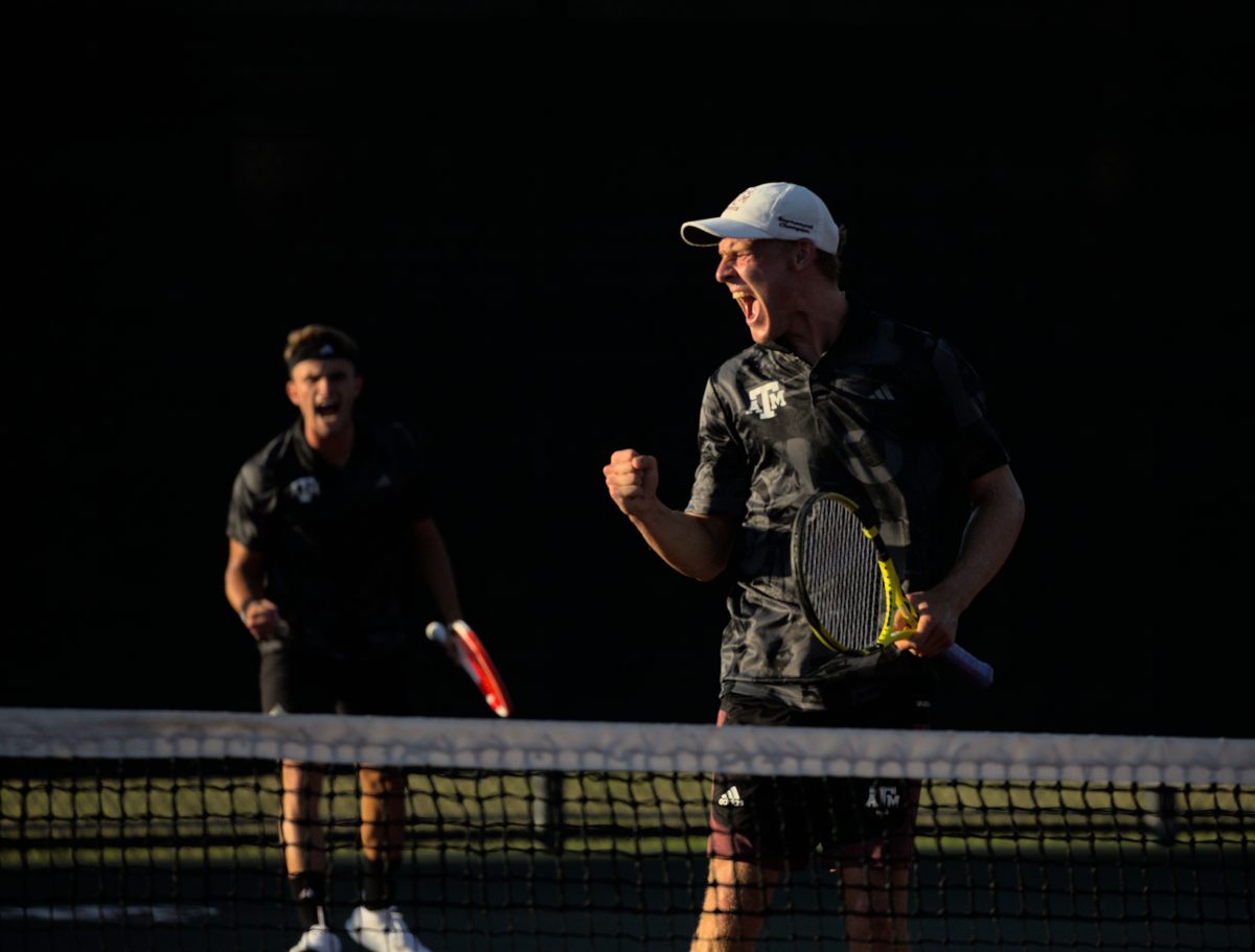 <p>Junior Kenner Taylor (front right) and Junior Raphael Perot (back left) celebrate another point over South Carolina in their doubles match at the Mitchell Outdoor Tennis Center on April 13, 2023.</p>