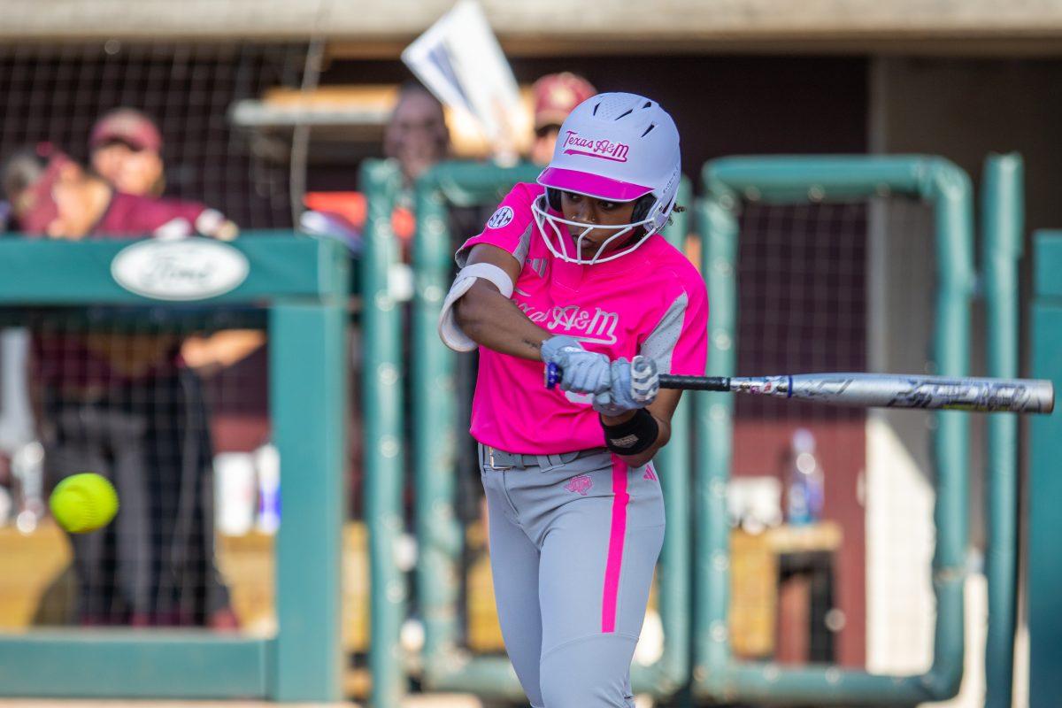 Sophomore INF Koko Wooley (3) hits a single during Texas A&Ms game against Texas State at Davis Diamond on Wednesday, April 19, 2023.