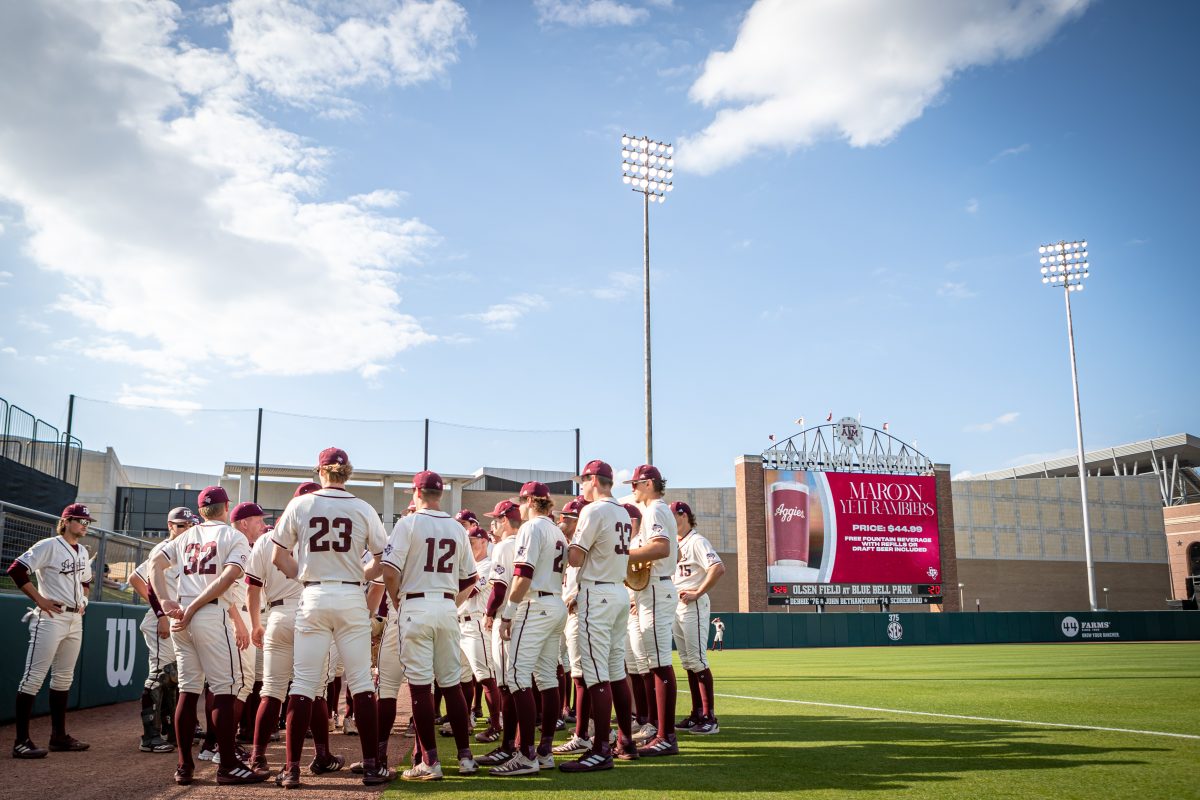 The Aggies huddle up before the start of their game against the Prairie View A&amp;M Panthers at Olsen Field on Wednesday, April 19, 2023.