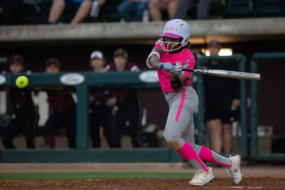 Sophomore INF Koko Wooley (3) hits a double during Texas A&Ms game against Texas State at Davis Diamond on Wednesday, April 19, 2023.