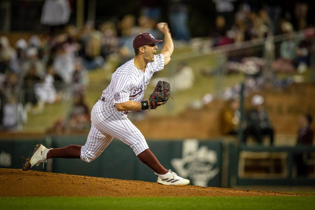 Senior LHP Matt Dillard (45) pitches from the mound during Texas A&Ms game against Seattle U at Olsen Field on Friday, Feb. 17, 2023.