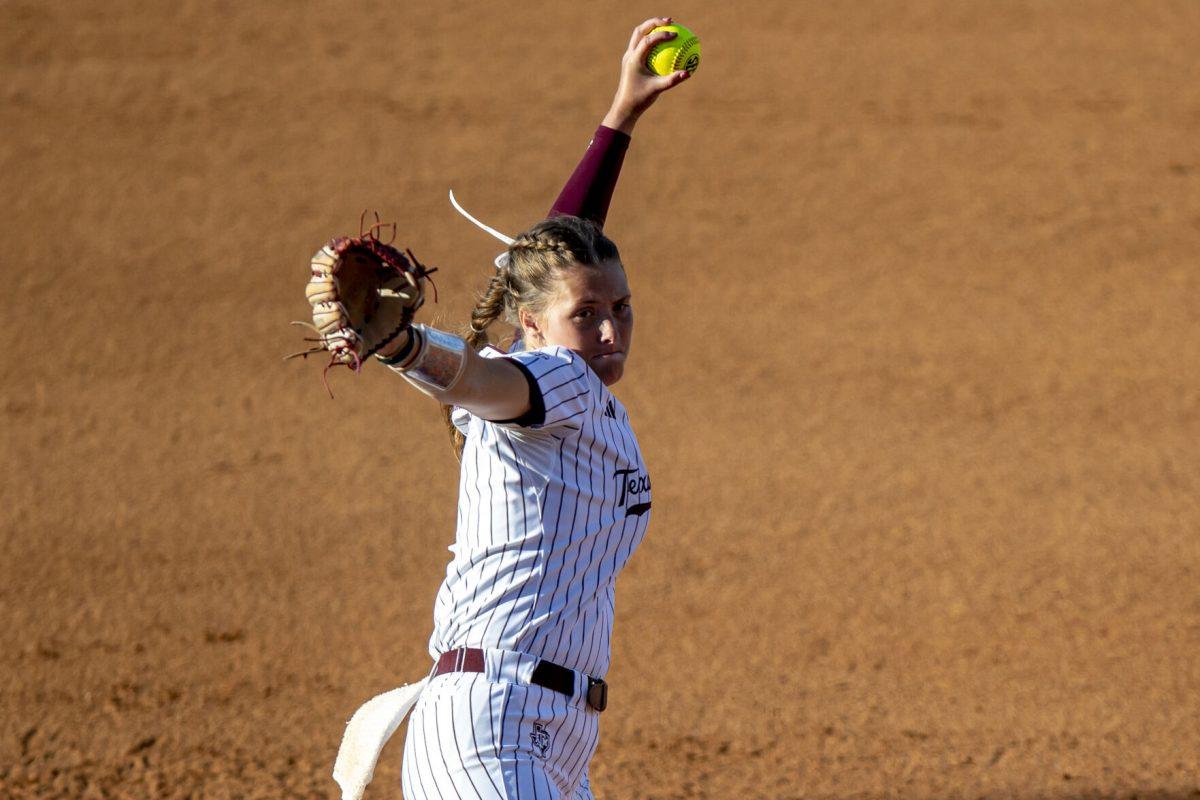 Sophomore LHP Emiley Kennedy (11) winds up during Texas A&Ms game against Mizzou at Davis Diamond on Sunday, April 30, 2023.