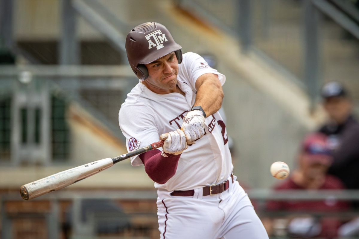 Junior 3B Trevor Werner (28) hits a foul ball during Texas A&amp;M's game against Tarleton at Olsen Field on Tuesday, May 2, 2023.