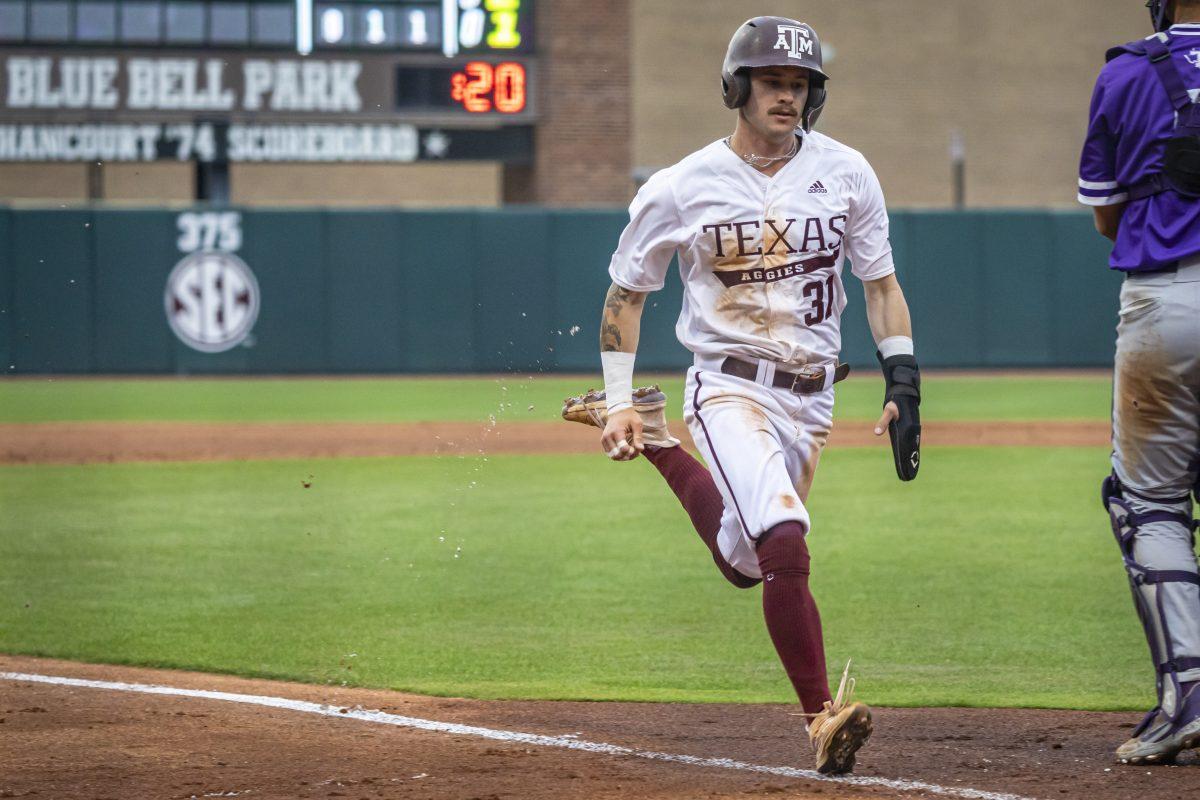 Senior OF Jordan Thompson (31) runs to home plate during Texas A&Ms game against Tarleton at Olsen Field on Tuesday, May 2, 2023.