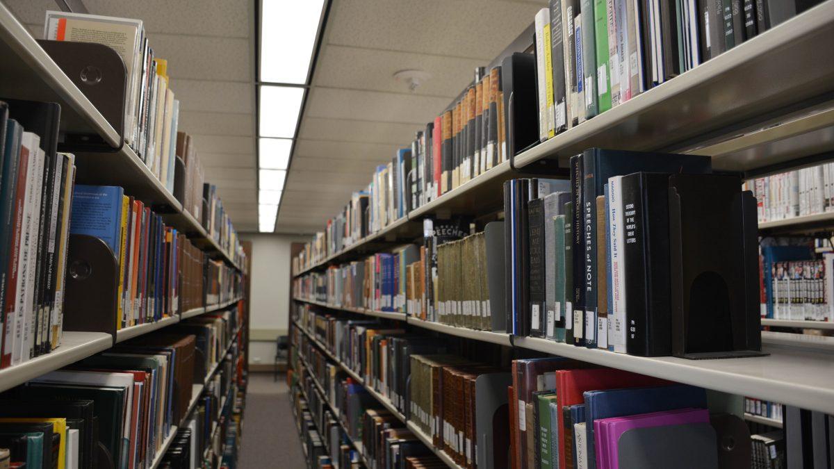 A row of books in Evans Library on April 1, 2023.