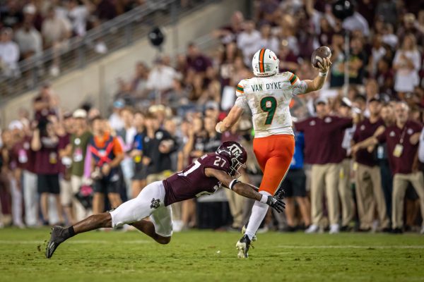 <p>Junior DB Antonio Johnson (27) pressures Miami QB Tyler Van Dyke (9) to throw the ball away during Texas A&M's game against Miami at Kyle Field on Saturday, Sept. 17, 2022.</p>