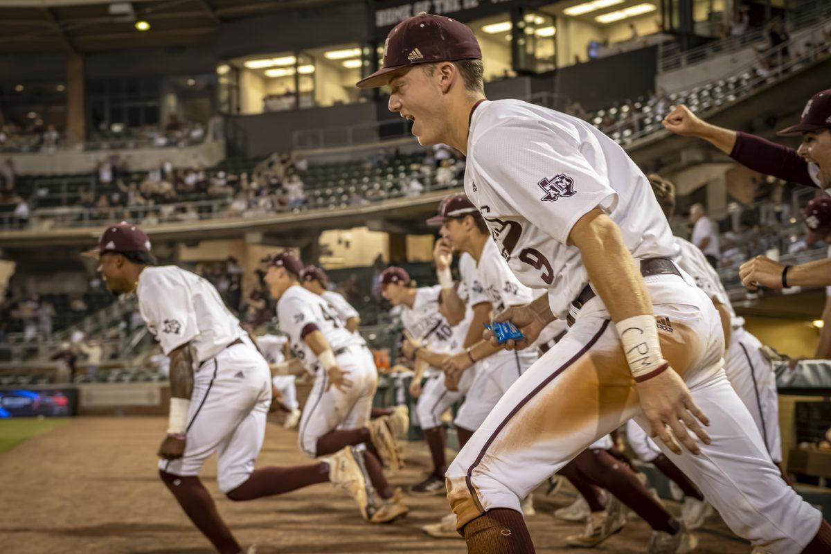 Junior INF Jack Moss (9) runs onto the field to celebrate Texas A&Ms win against Tarleton at Olsen Field on Tuesday, May 2, 2023.