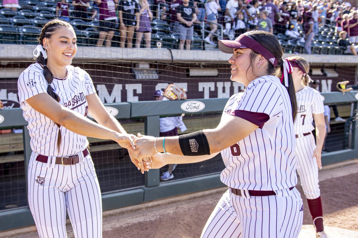 Junior INF Trinity Cannon (6) dances with Junior RHP Grace Uribe (8) prior Texas A&amp;M's game against Mizzou at Davis Diamond on Wednesday, April 29, 2023.