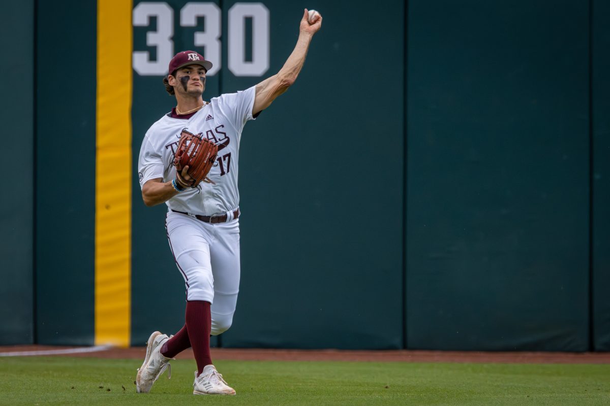 Freshman LF Jace LaViolette (17) fields a ground ball during Texas A&amp;M's game against UTRGV at Olsen Field on Tuesday, May 9, 2023.