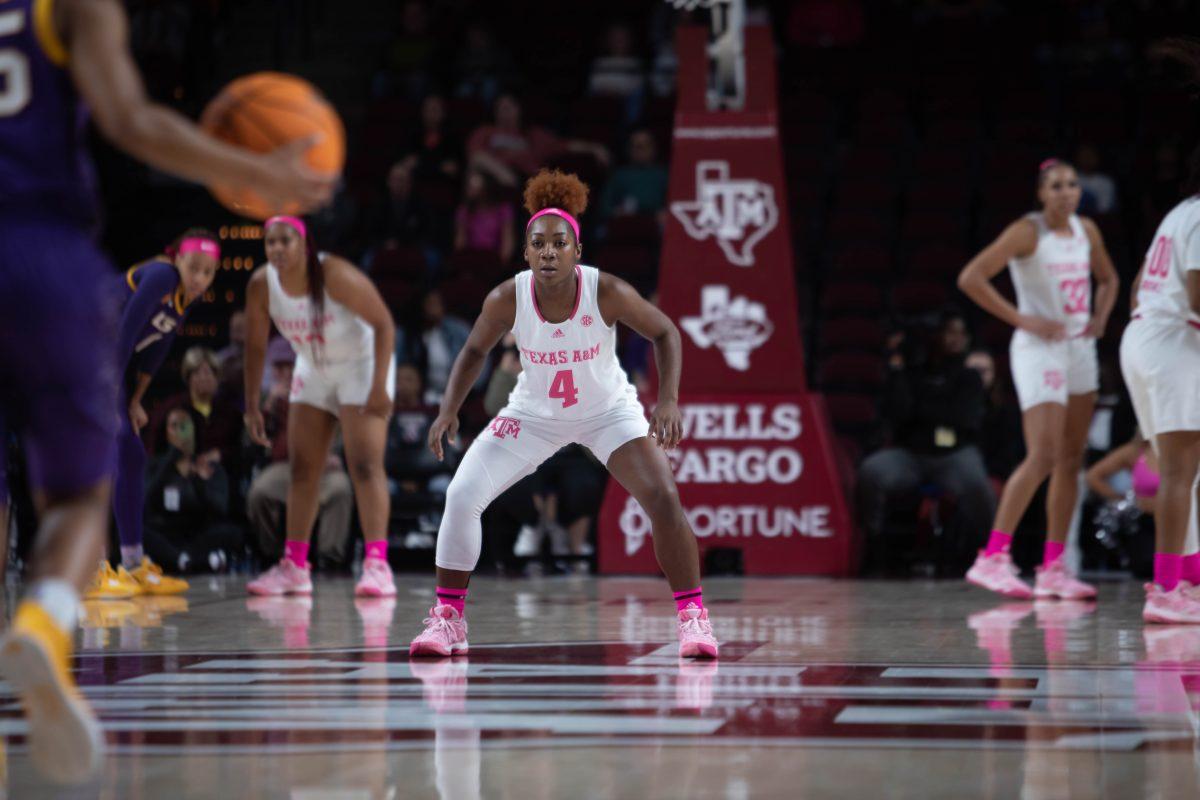 Junior G Kay Kay Green (4) watching the ball during Texas A&Ms game against LSU at Reed Arena on Sunday, Feb. 05, 2023.