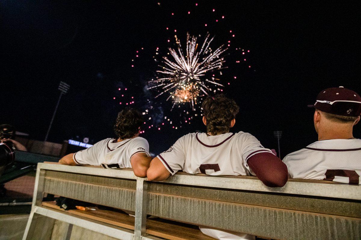 The players watch the fireworks after a game vs. Alabama on Friday, May 12, 2023 at Blue Bell Park.