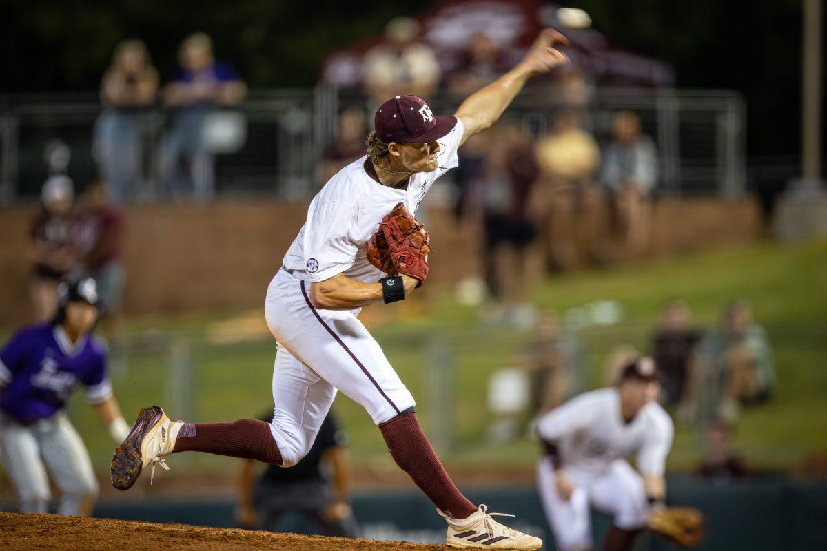Junior LHP Will Johnston (15) pitches from the mound during Texas A&Ms game against Tarleton at Olsen Field on Tuesday, May 2, 2023.