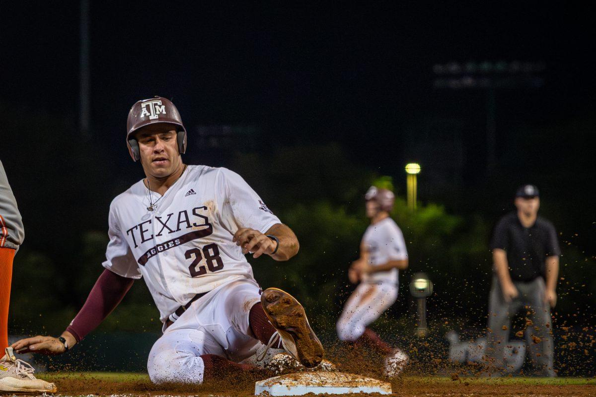 Junior 3B Trevor Werner (28) slides into third base during Texas A&Ms game against UTRGV at Olsen Field on Tuesday, May 9, 2023.