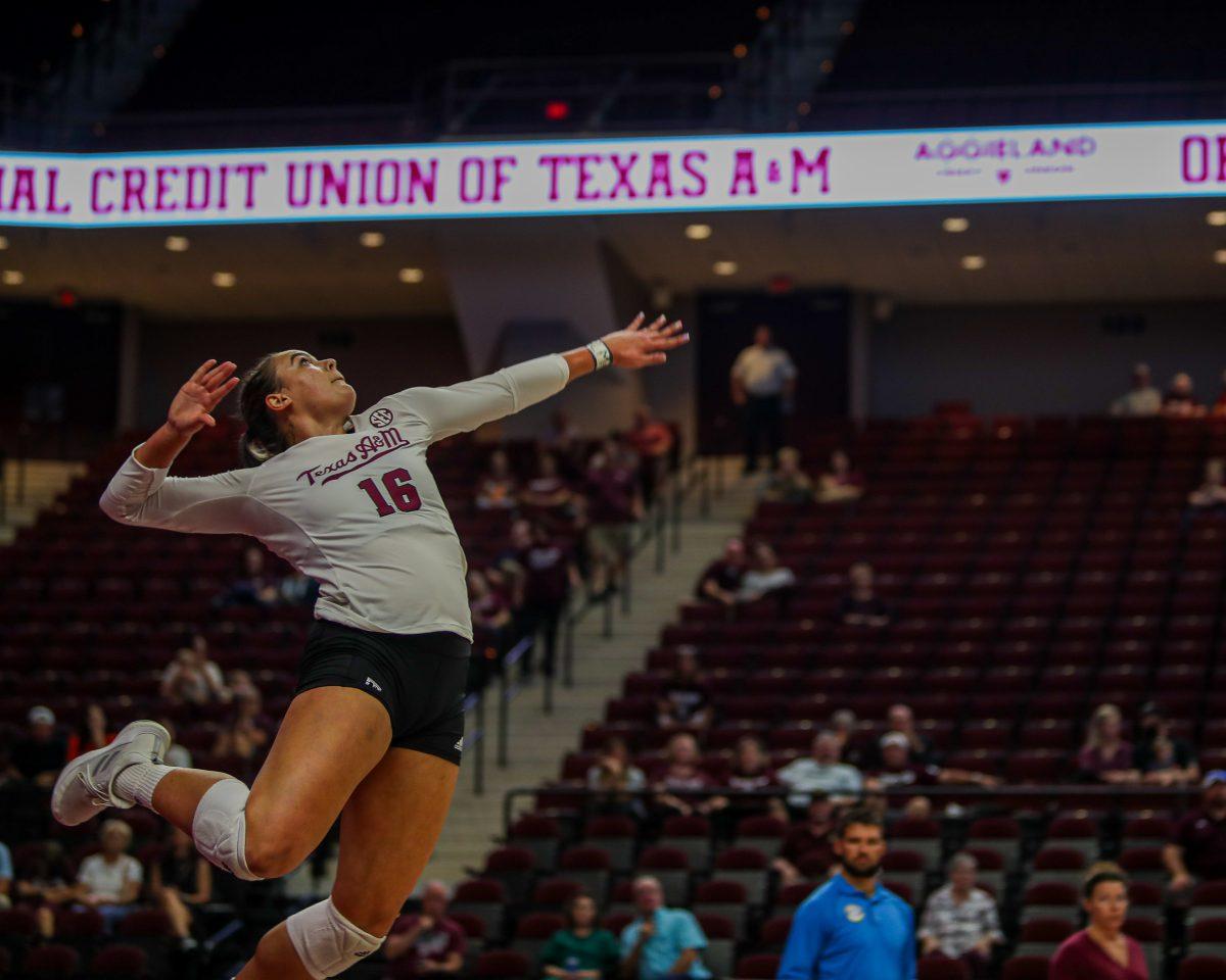 Graduate OH Caroline Meuth (16) serves during the Aggies game against Sam Houston State at Reed Arena on Tuesday Sept. 6, 2022.