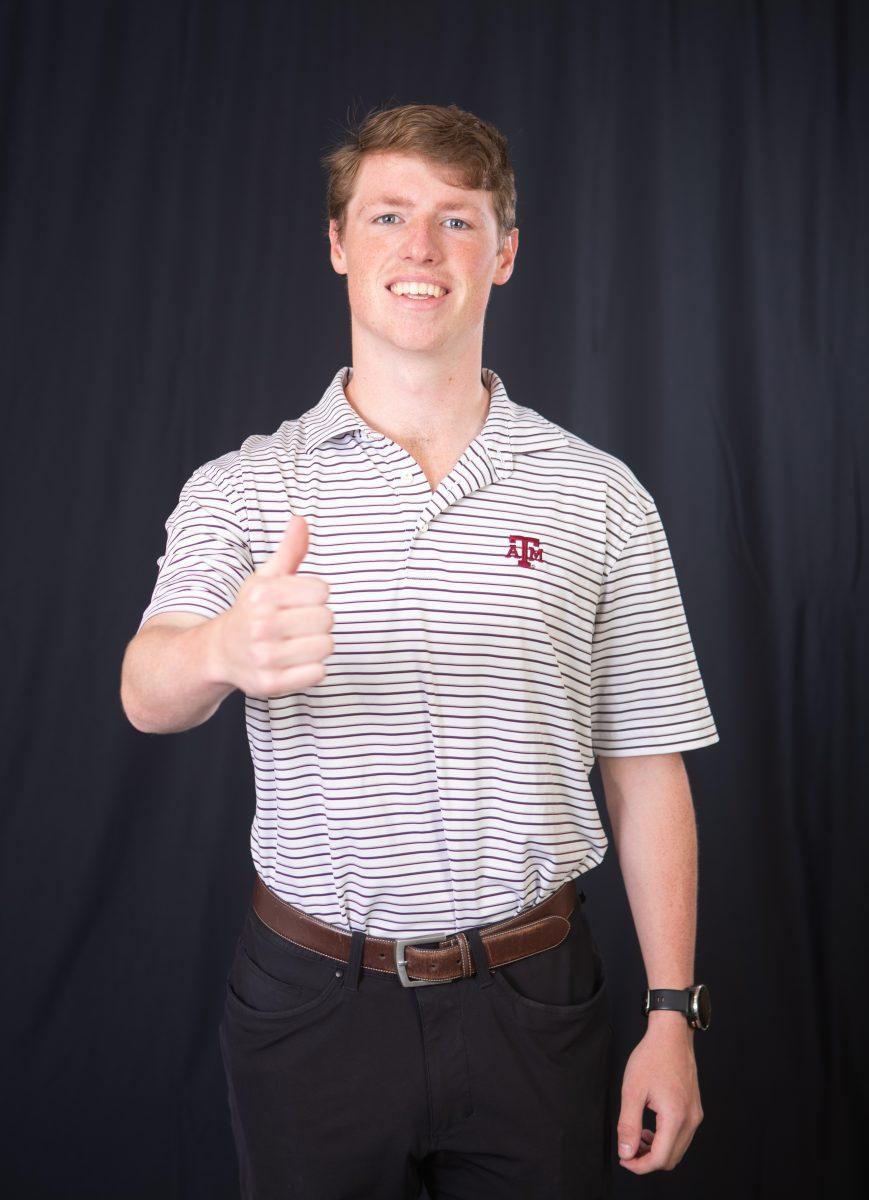 <p>Junior finance major Hudson Kraus poses for a photo in the Battalion studio on Friday, Feb. 24, 2023.</p>