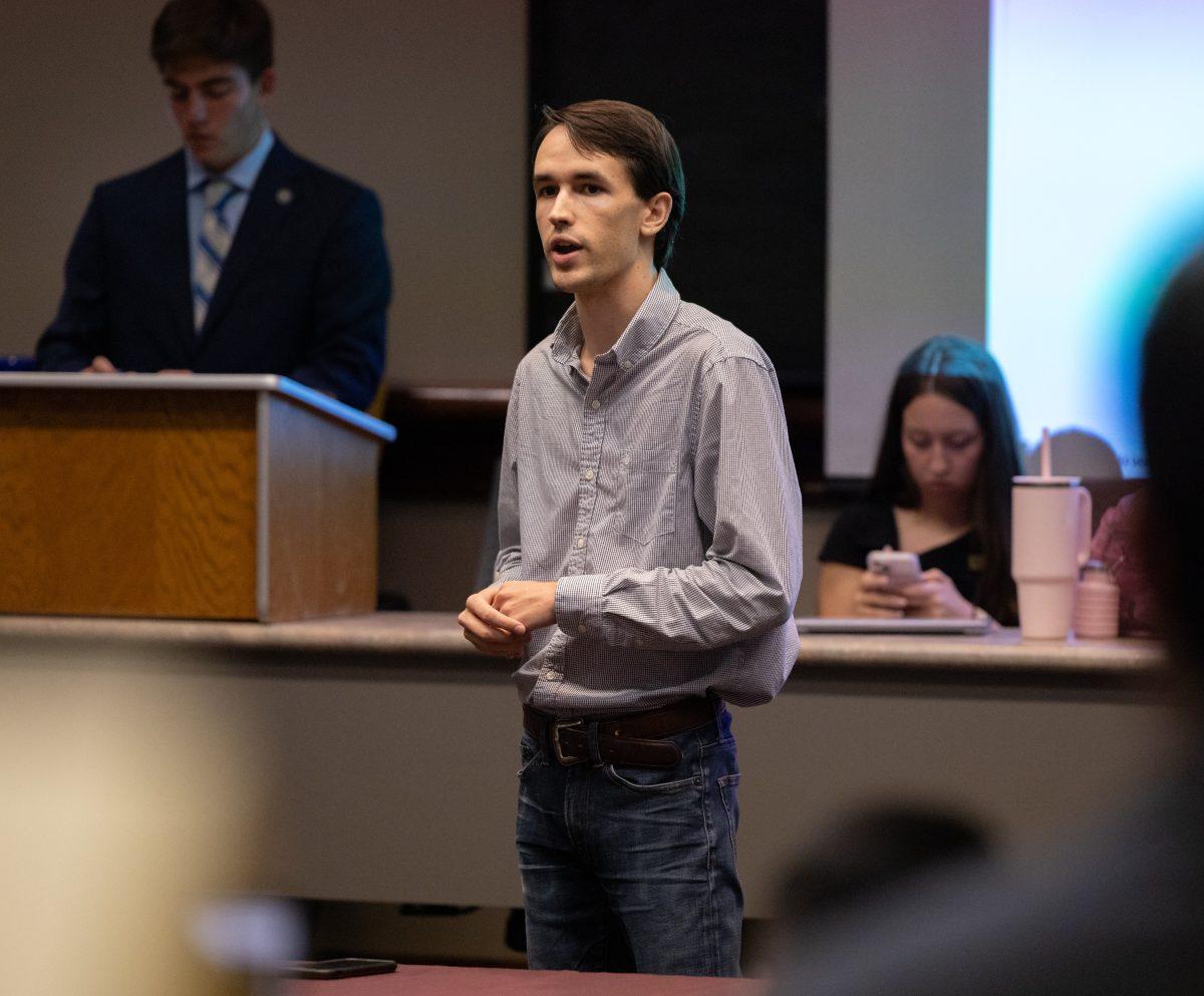 Texas A&M Judicial Court Chief Justice Sawyer Bagley speaks to the Student Senate on Wednesday, Sept. 13, 2023. (Chris Swann/The Battalion)