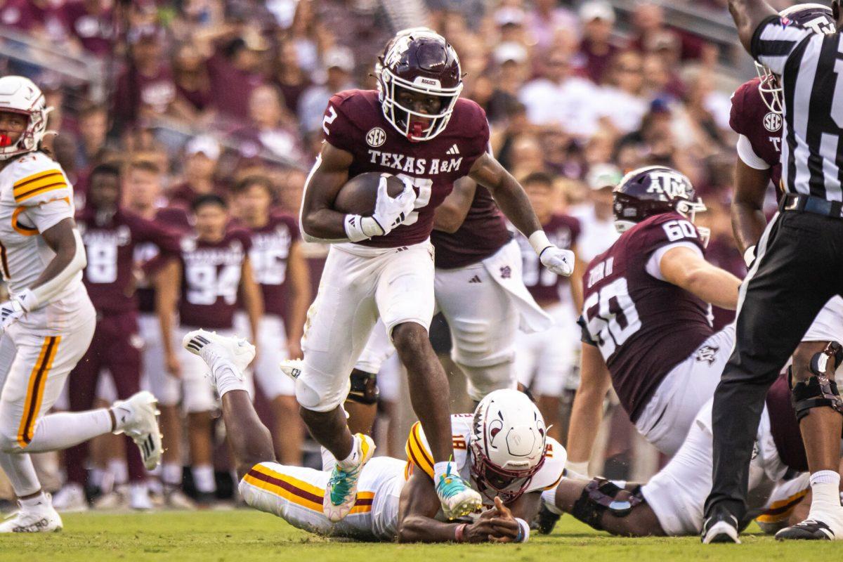 Freshman RB Rueben Owens (2) runs with the ball during Texas A&amp;M's game against ULM at Kyle Field on Saturday, Sept. 16, 2023.