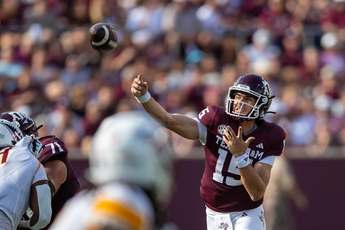 Sophomore QB Conner Weigman (15) throws a forward pass during Texas A&amp;M's football game against ULM at Kyle Field on Saturday, Sept. 16, 2023.