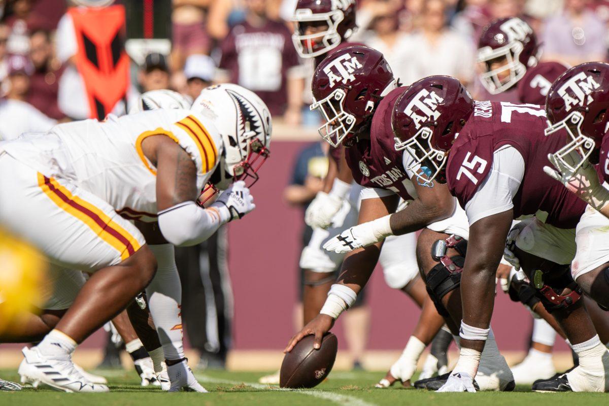 <p>Freshman Mark Nabou Jr. (54) waits for the snap during Texas A&M's football game against ULM at Kyle Field on Saturday, Sept. 16, 2023.</p>