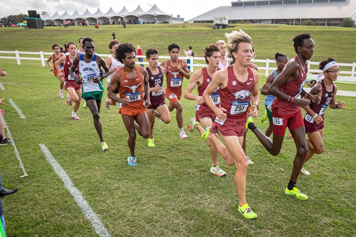 Sophomore Jonathan Chung fighting for the lead of the men's 10k during the NCAA Division I South Central Regional at the Watts Cross Country Course on Friday, Nov. 11, 2022.