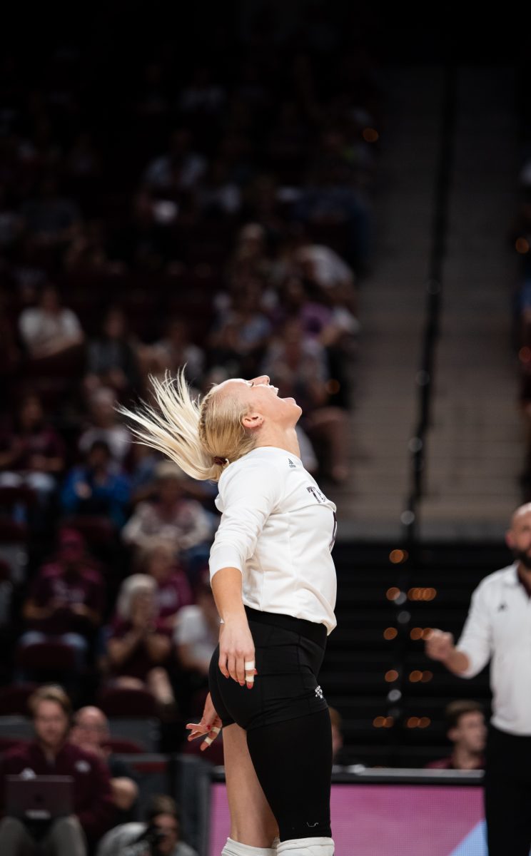 Senior L/DS Lauren Hogan (8) celebrates a point for Texas A&amp;M during Texas A&amp;M's game against Houston on Wednesday, Sept. 13, 2023 at Reed Arena (Katelynn Ivy/The Battalion)