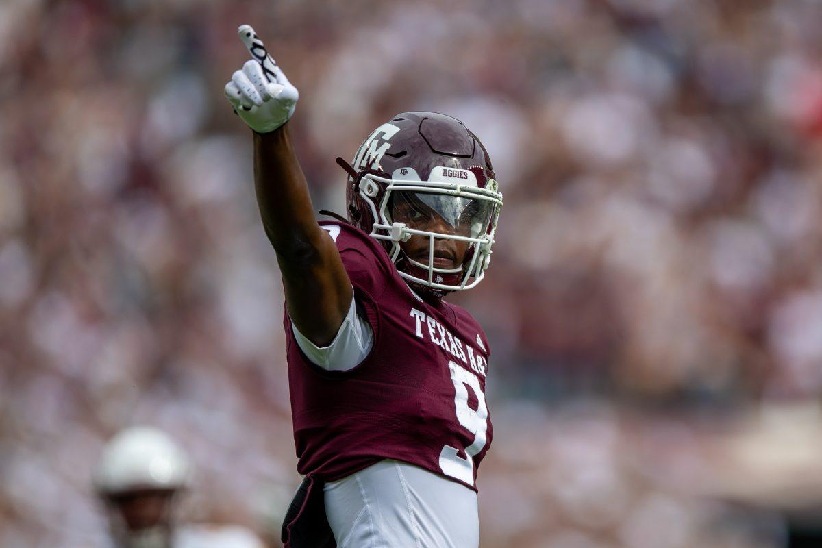 Junior WR Jahdae Walker (9) celebrates after completing a pass for a first down during Texas A&Ms football game against ULM at Kyle Field on Saturday, Sept. 16, 2023.