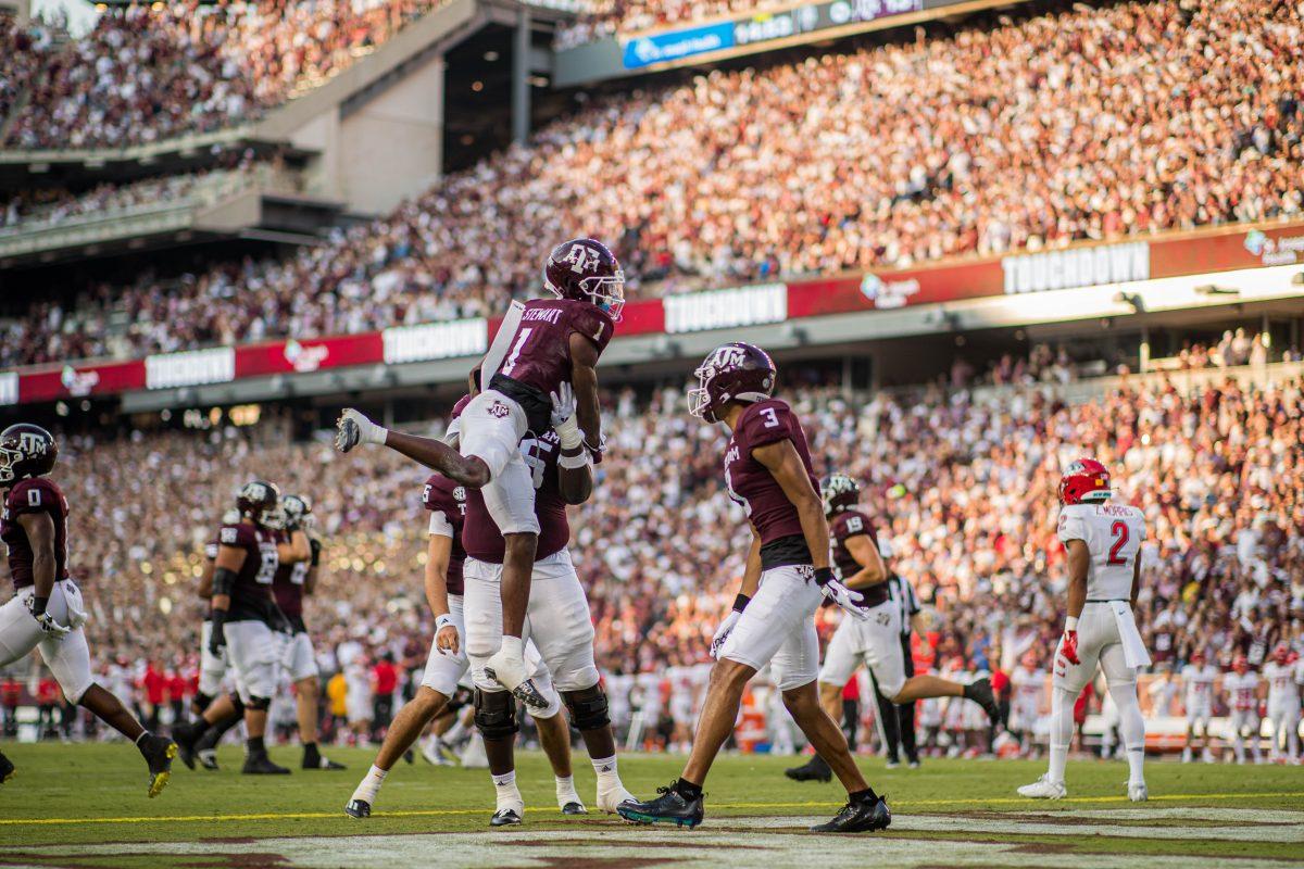 Sophomore WR Evan Stewart (1) and sophomore WR Noah Thomas (3) celebrate after a 35-yard score during a game vs. New Mexico on Saturday, Sept. 2, 2023 at Kyle Field.