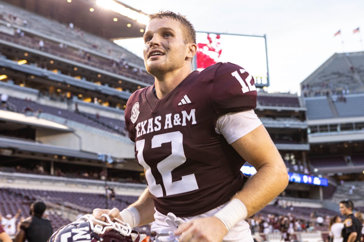 Graduate LB Sam Mathews (12) runs off the field after Texas A&Ms victory against ULM at Kyle Field on Saturday, Sept. 16, 2023.