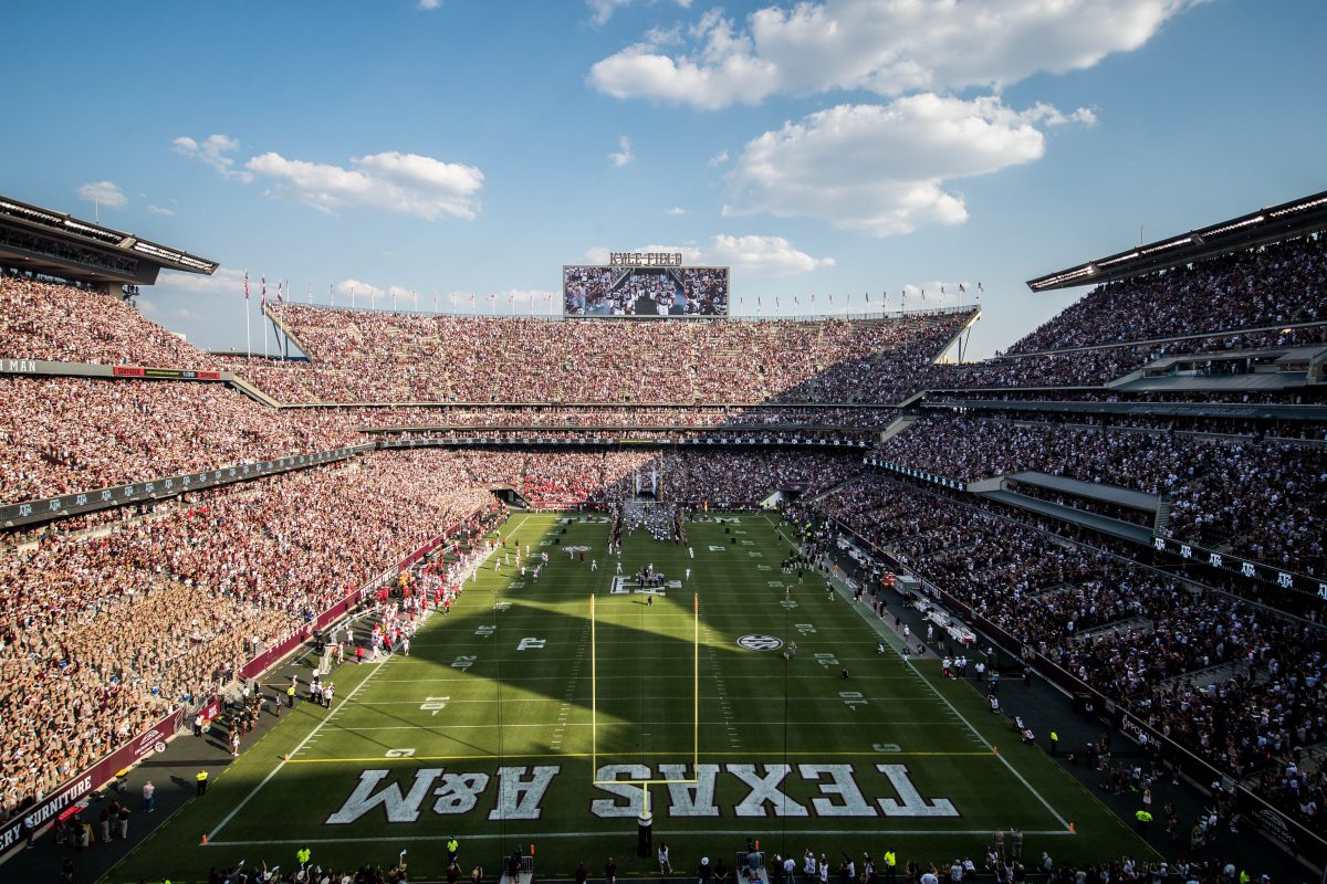 <p>The Texas A&M Football team walks into the field during a game vs. New Mexico. </p>