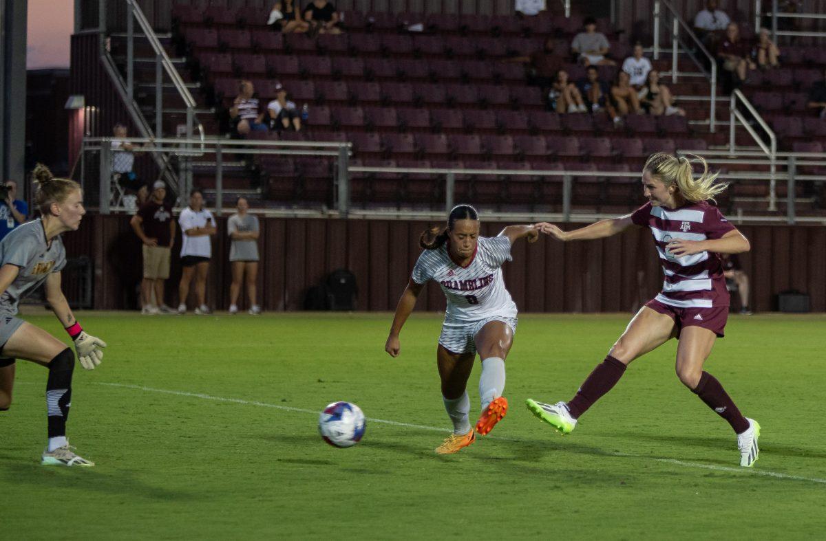 Senior M/F Kate Colvin (2) scores during Texas A&Ms game against Grambling State at Ellis Field on Thursday, Sept. 7, 2023. (Kyle Heise/The Battalion)
