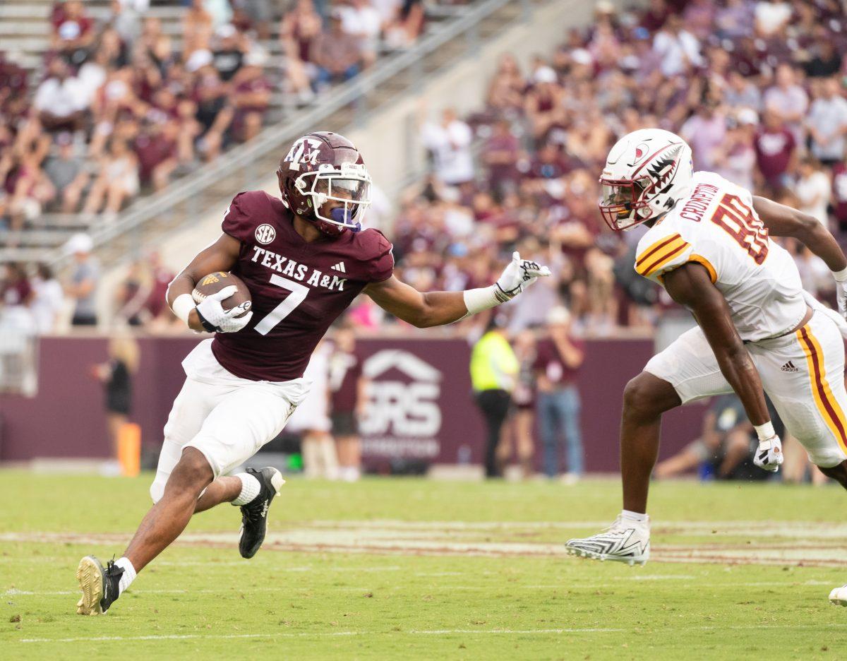 Junior WR Moose Muhammad III (7) runs after catching the ball during Texas A&Ms football game against ULM at Kyle Field on Saturday, Sept. 16, 2023.
