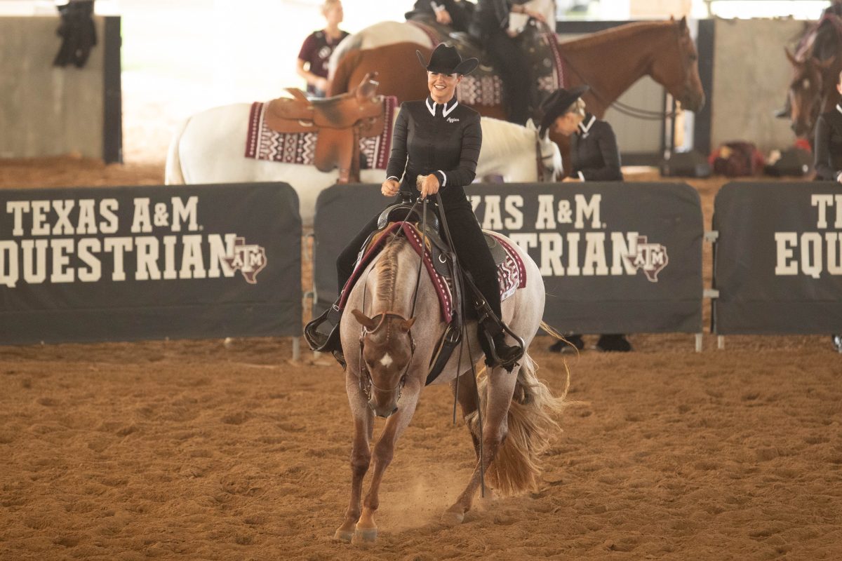 Horesmanship equestrian rides Fiona during warmups in the Texas A&amp;M Maroon &amp; White scrimmage on Sept. 17, 2023 at Hildbrand Equine Complex. (Julianne Shivers/Battalion)