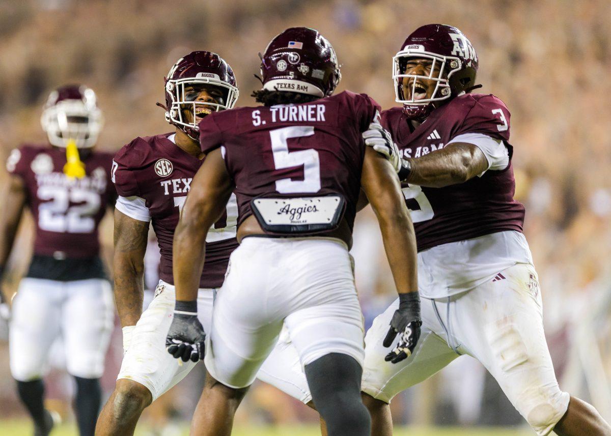 <p>Senior DL McKinnley Jackson (3), junior DL Shemar Turner (5) and DL Fadil Diggs (10) during a game vs. New Mexico on Saturday, Sept. 2, 2023 at Kyle Field.</p>