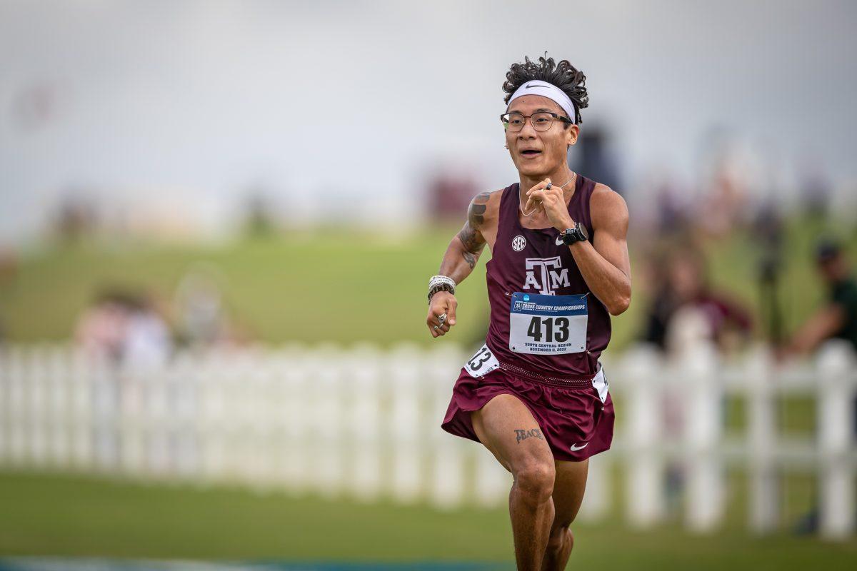 <p>Sophomore Jonathan Chung reacts as he nears the finish line in 6th place of the men's 10k during the NCAA Division I South Central Regional at the Watts Cross Country Course on Friday, Nov. 11, 2022.</p>