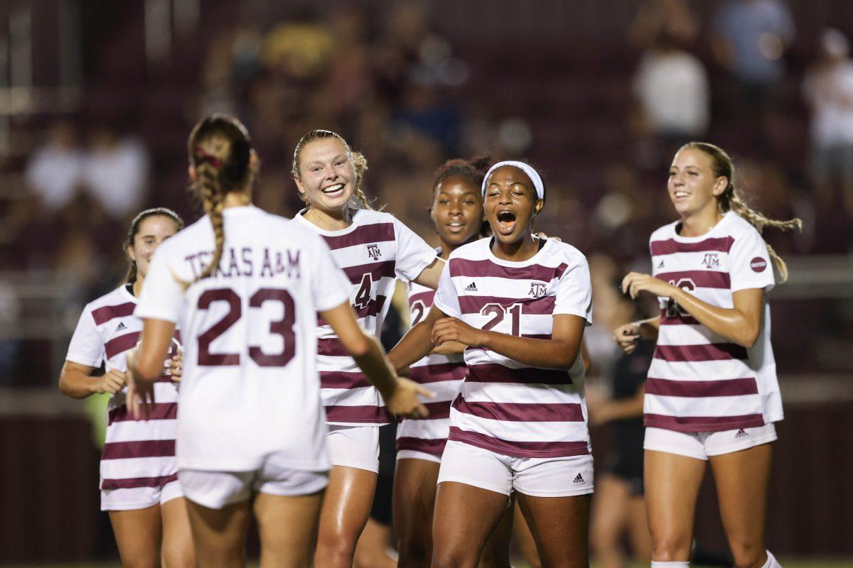 After Sophomore M Georgia Leb (23) scores a goal, the team celebrates during Texas A&Ms game against Texas Southern on Sunday, Sept. 17, 2023 at Elllis Field. (Jaime Rowe/The Battalion)