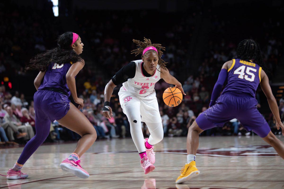 Freshman F Janiah Barker (2) dribbles to the basket during Texas A&Ms game against LSU at Reed Arena on Sunday, Feb. 05, 2023.