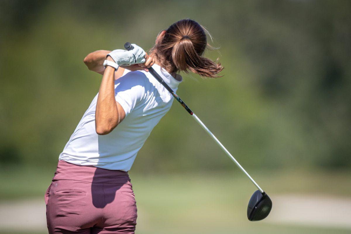 Senior Blanca Fernández García-Poggio plays her tee shot on the 12th hole of the Traditions Club on the second day of the Momorial Invitational on Wednesday, Sept. 21, 2022 in Bryan, Texas.