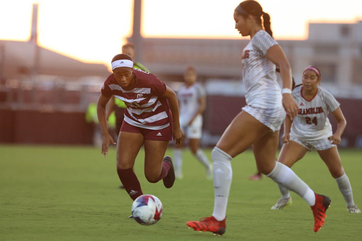 Senior F Jazmine Wilkinson (21) chases after the ball during Texas A&Ms game against Grambling State on Thursday, Sept. 7, 2023 at Ellis Field. (Jaime Rowe/The Battalion)