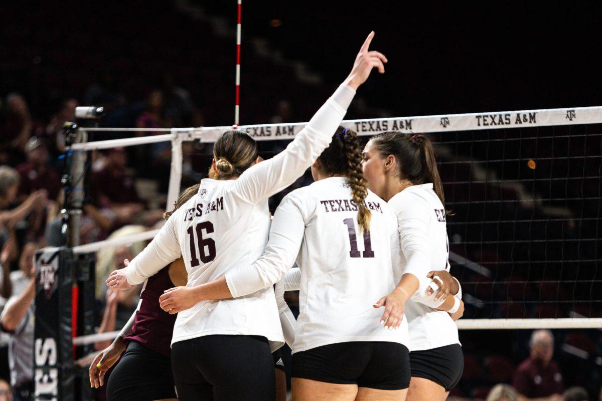 The Texas A&amp;M volleyball team huddles up during their game against Mississippi State at Reed Arena on Wednesday, Sept. 20, 2023.