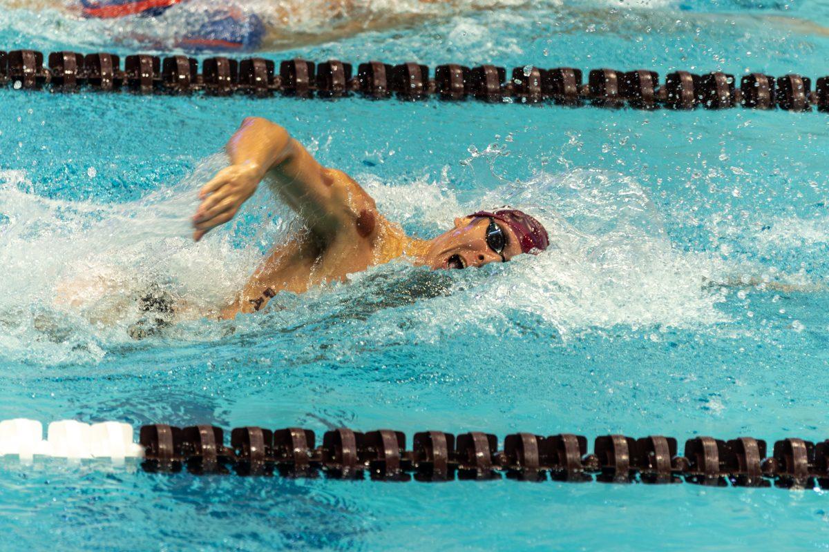 Senior free Carter Nelson takes a breath between strokes in the Men 200 Free during Texas A&Ms swim meet against UIW on Friday, Sept. 29, 2023 at Rec Center Natatorium. (CJ Smith/The Battalion)