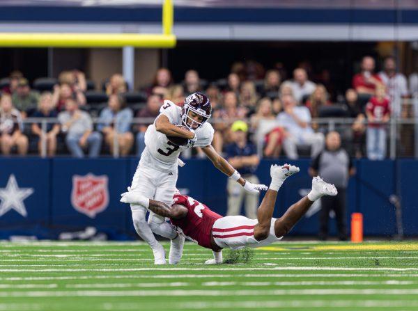 Sophomore WR Noah Thomas (3) runs after a catch during the Southwest Classic against Arkansas on Saturday, Sept. 30, 2023. (Ishika Samant/The Battalion)