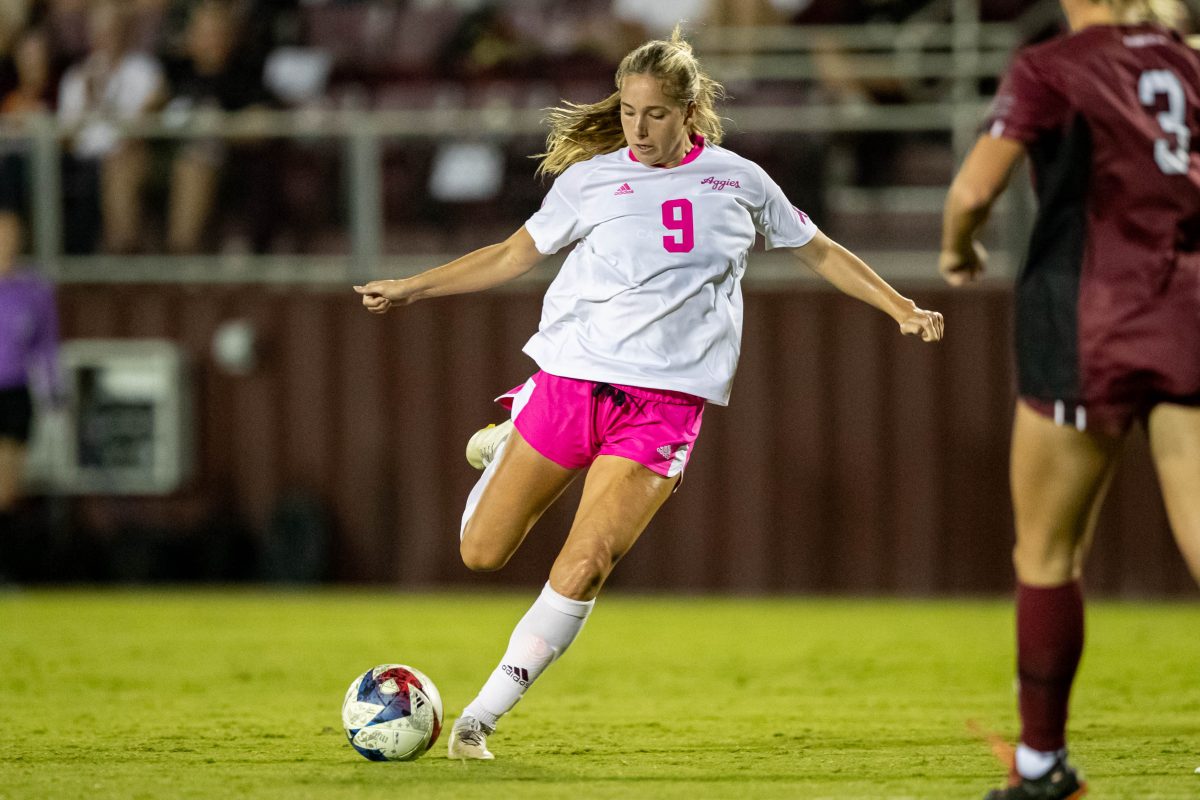 Senior M Taylor Pounds (9) takes a shot on the goal during Texas A&amp;M's game vs. South Carolina at Ellis Field on Thursday, Oct. 19, 2023. (Chris Swann/The Battalion)