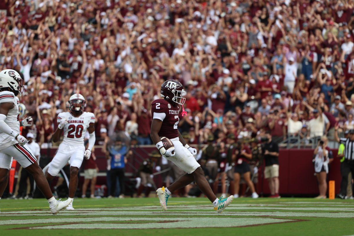 <p>Freshman RB Rueben Owens (2) scores the first touchdown of the game evening the score 7-7 during Texas A&M's game against South Carolina on Saturday, Oct. 28, 2023 at Kyle Field. (Chris Swann/The Battalion)</p>
