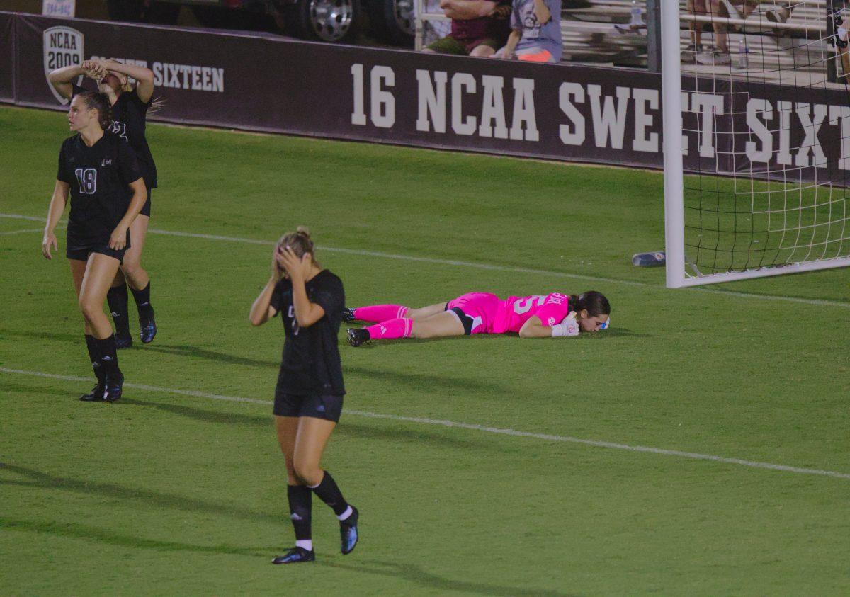 Graduate GK Grace McClellan (25) lies on the field after Arkansas scores in the last fifteen minutes of Texas A&Ms game against Arkansas at Ellis Field on Sunday Sept. 24, 2023. (Connor May/The Battalion)